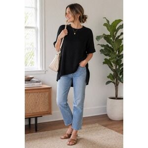 Mote Anthropologie Chunky Crewneck Sweater Black Waffle Knit Hi Low Hem Small